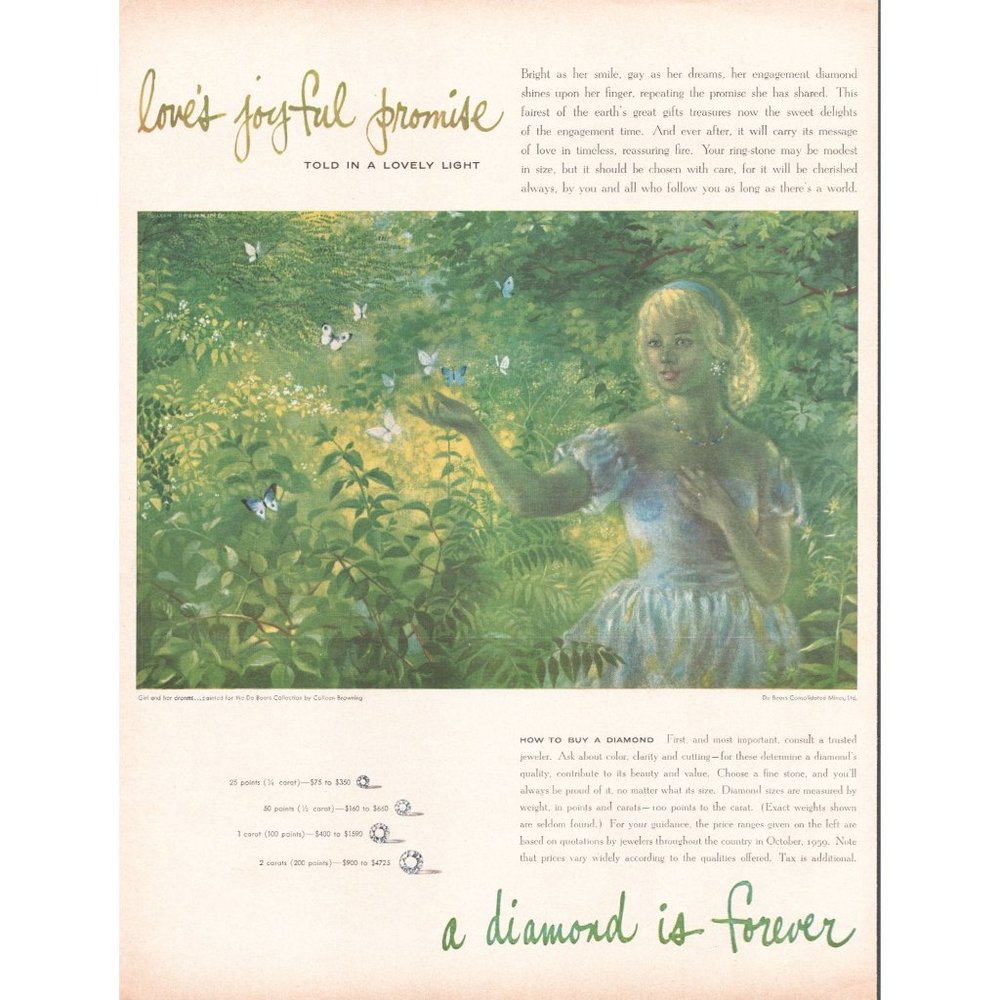 1960 DeBeers Diamonds Vintage Print As Girl and Her Dreams Painting C Browning